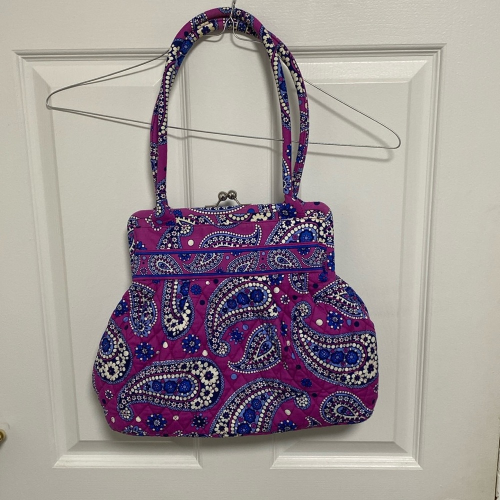 Purple and blue Vera Bradley purse with 8 pockets and snap closure